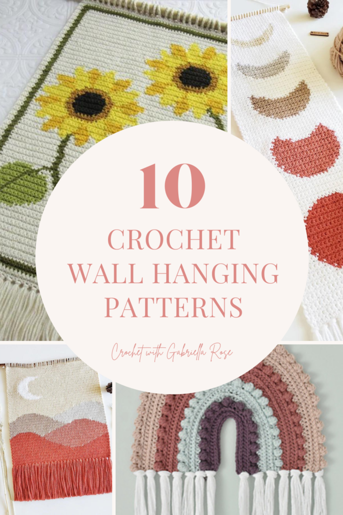 collage of crochet wall hangings