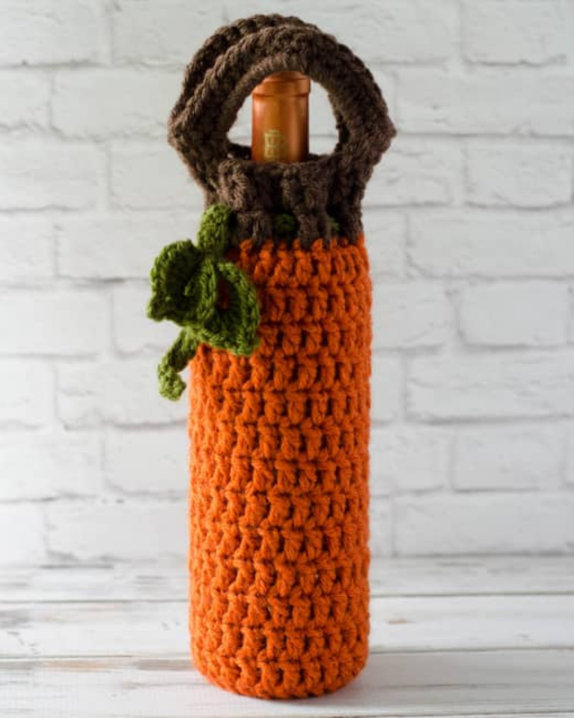 crochet pumpkin wine bottle holder