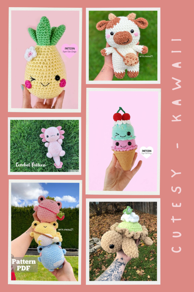collage of cutesy kawaii crochet: amigurumi pineapple, cookie cow, ice cream in cone with cherry, key lime pie turtle, pink axolotl, and three frogs in pink, white, and blue