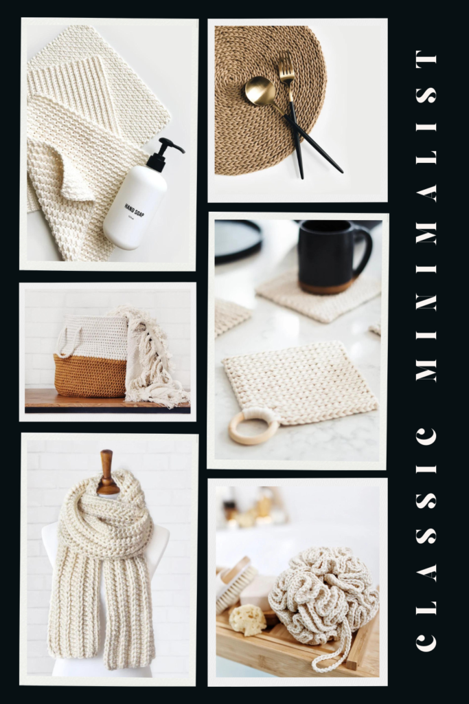 collage of classic minimalist crochet: white dishcloths, scarf, coasters, loofah, white and brown basket, and brown circular placemat