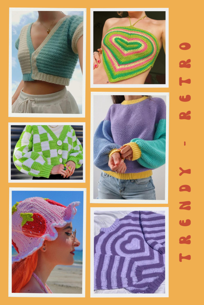 collage of trendy retro crochet: color block crop top and sweater, checked sweater, heart sweater, heart crop top, and strawberry bucket hat