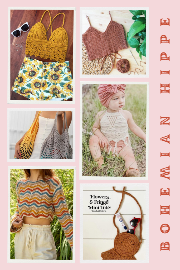 collage of bohemian crochet: two crop tops, one baby crop top, grocery bag, purse, and sweater