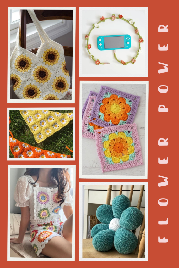collage of flower crochet patterns: purse, charger cord, coasters, pillow, overalls, and bandana