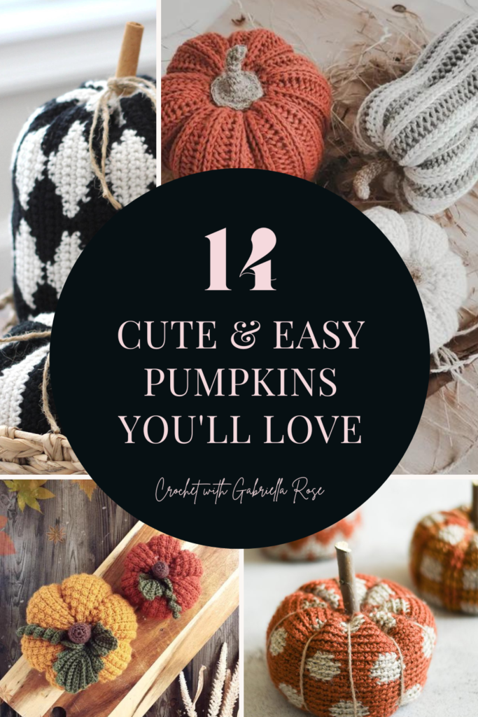 collage of crochet pumpkins