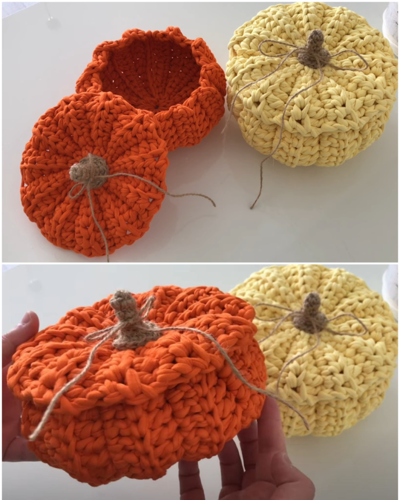 two crochet pumpkin baskets with lids