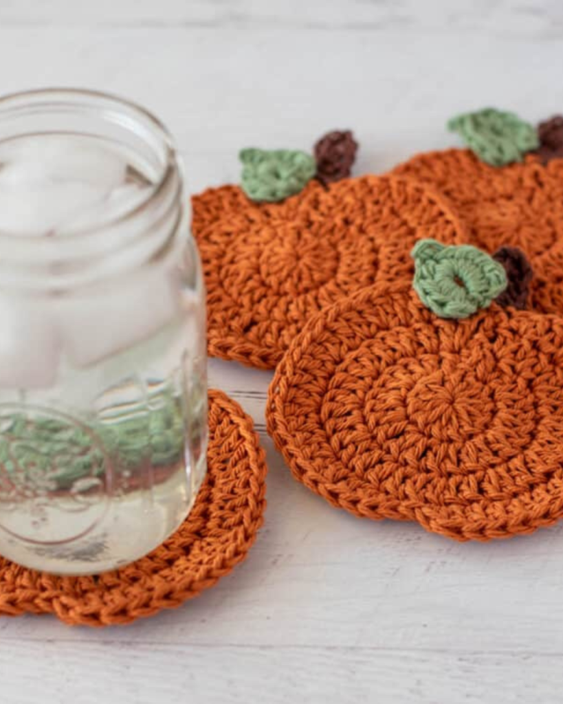 crochet orange pumpkin coasters