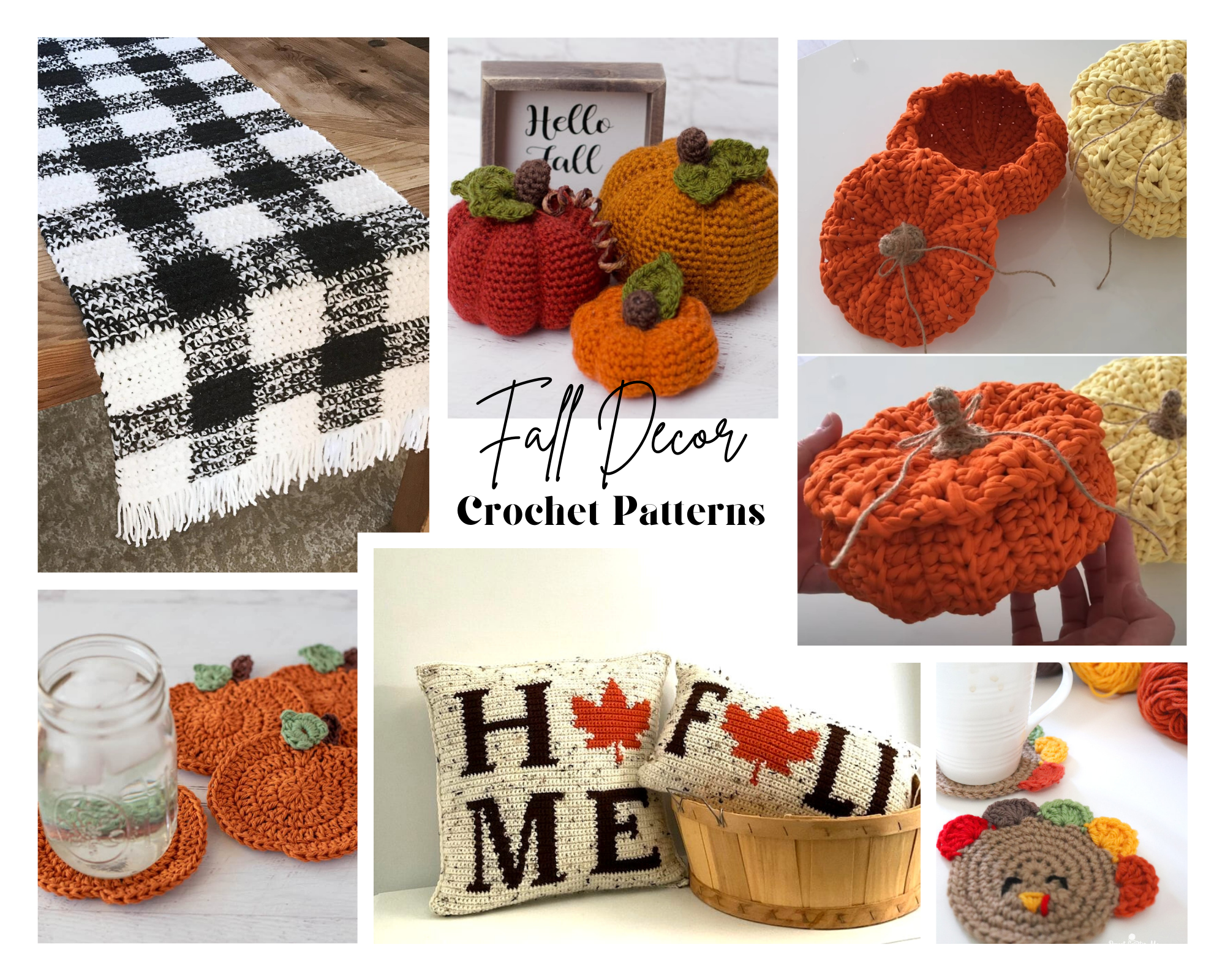 collage of crochet fall decor patterns