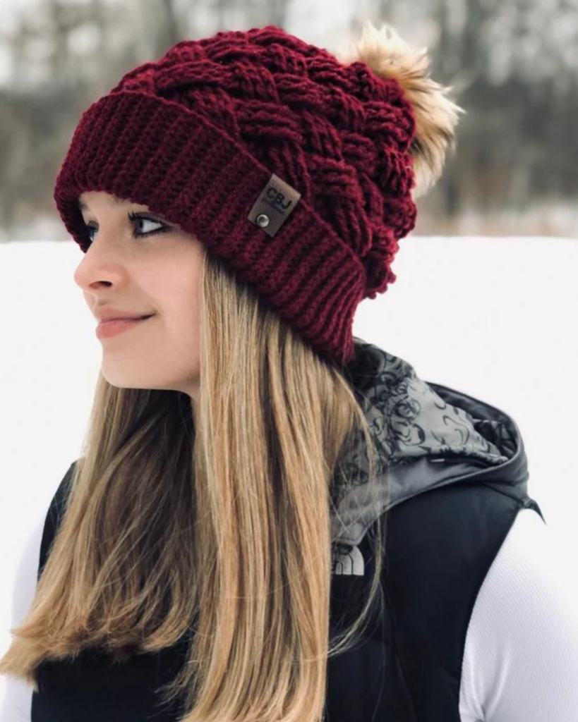 burgundy crochet hat with basket weave design