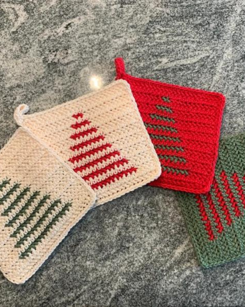 crochet christmas tree square potholders in various christmas colors