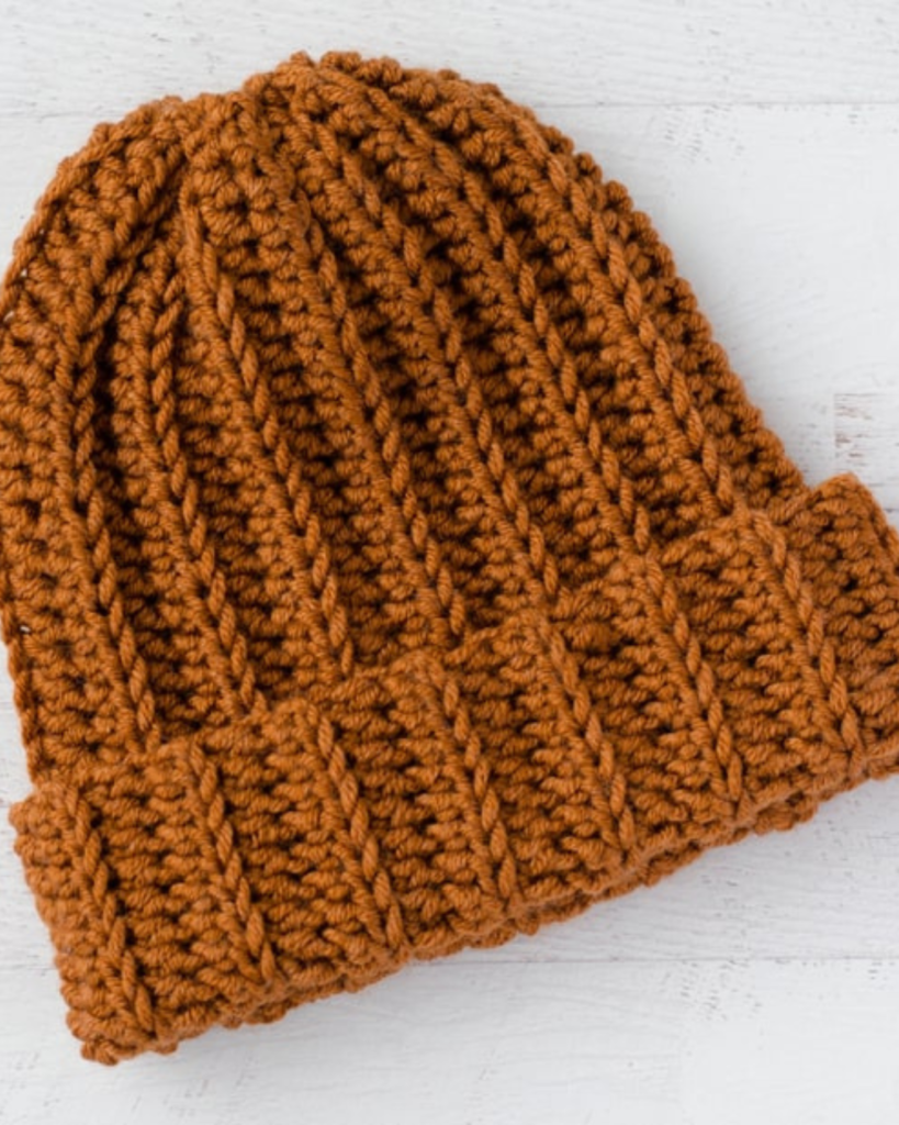 brown ribbed crochet beanie