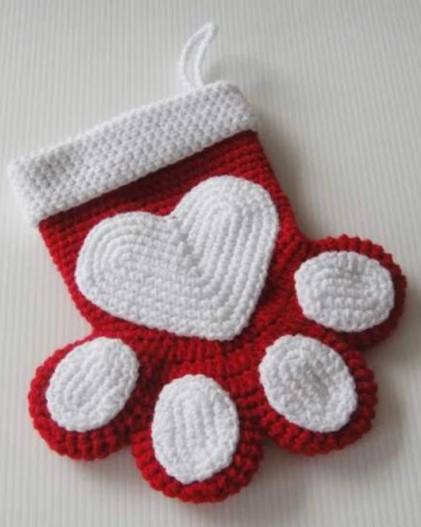 crochet red and white paw christmas stocking