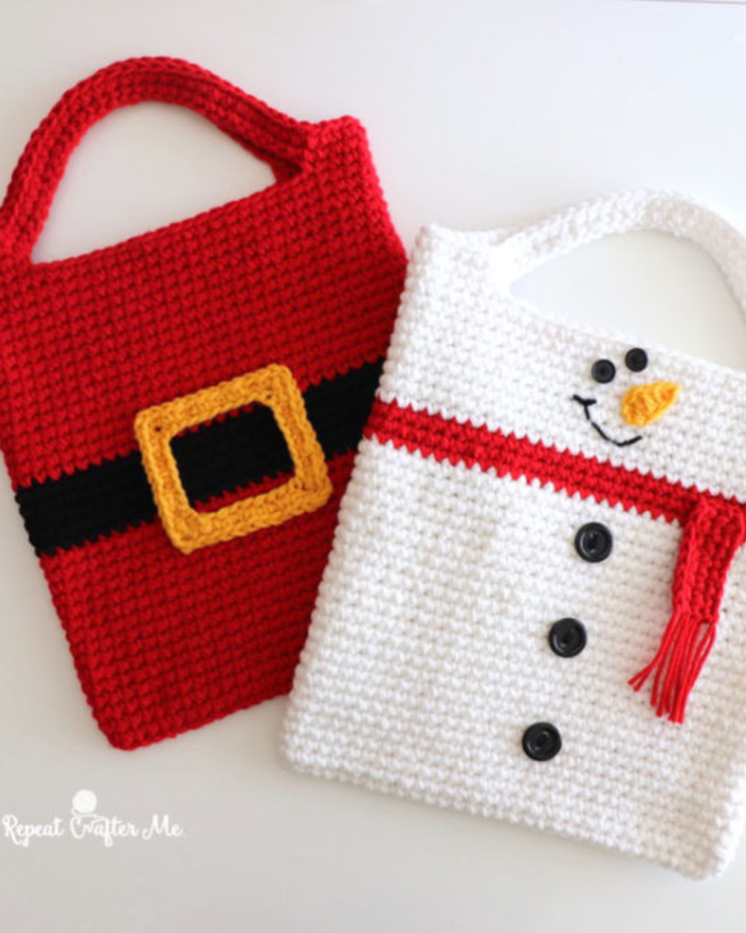 two crochet bags, one santa and one snowman inspired
