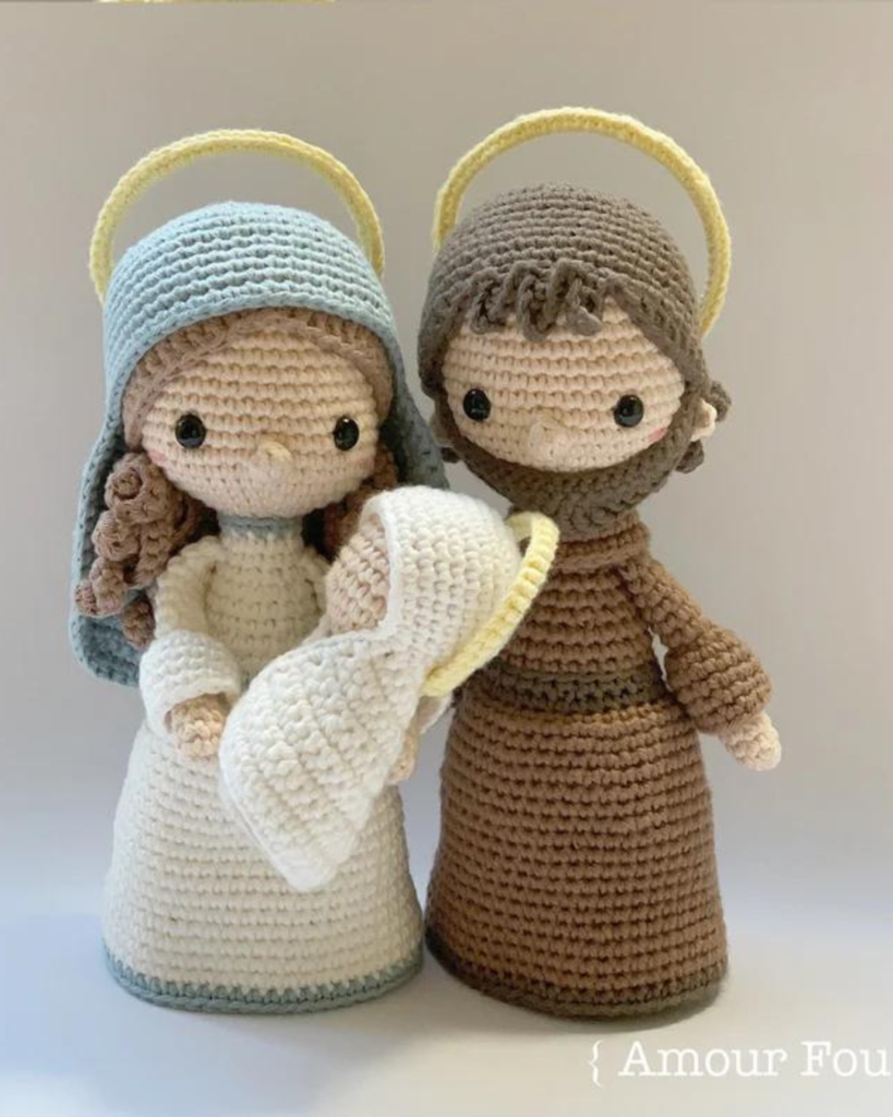 crochet amigurumi of Mary, Joseph, and baby Jesus