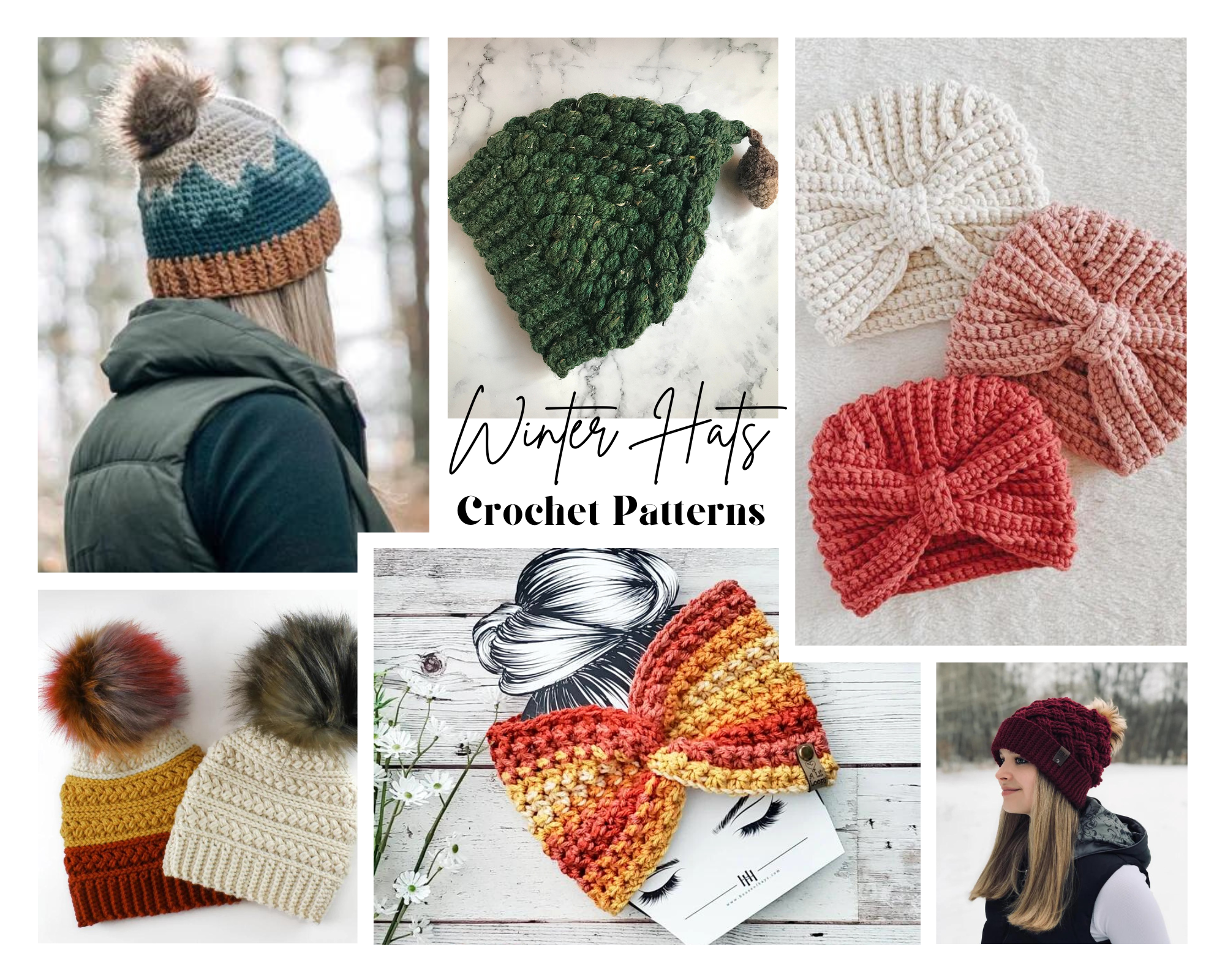 collage of crochet hats, beanies, and ear warmers
