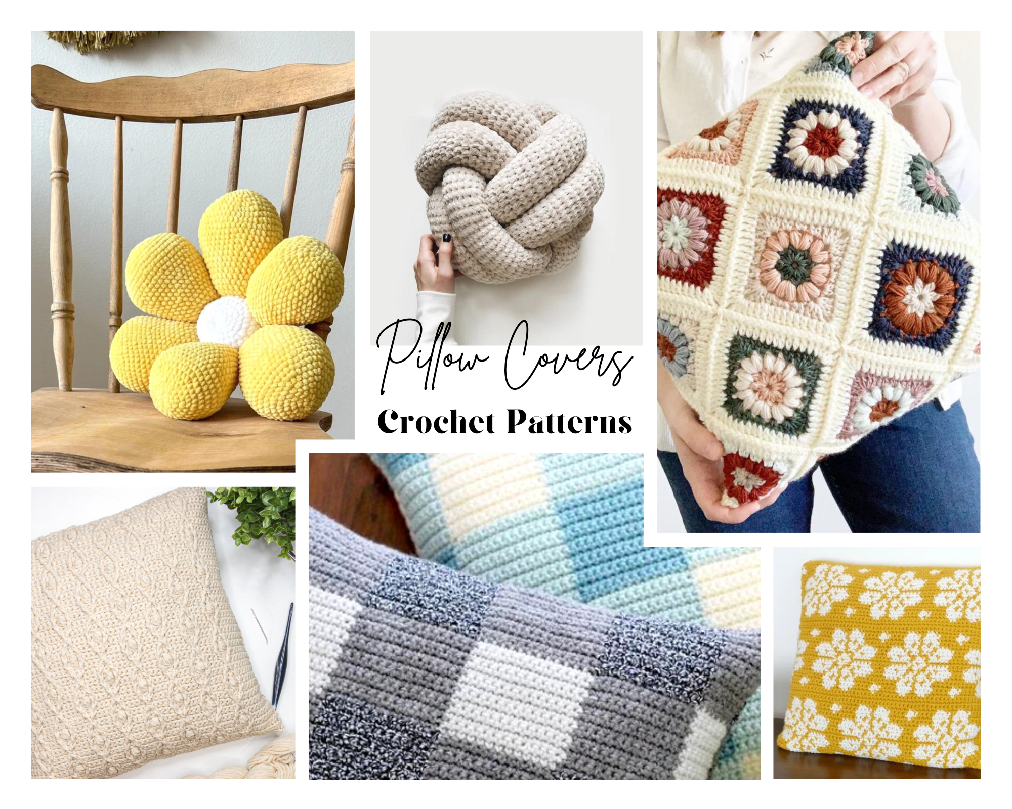 collage of crochet pillow covers
