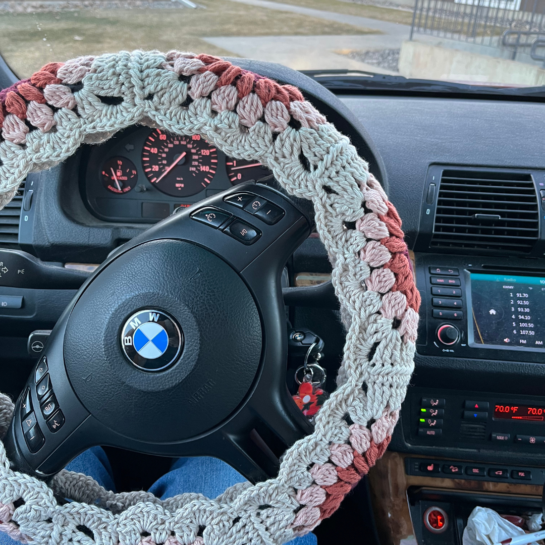 crochet flower square steering wheel cover on car steering wheel