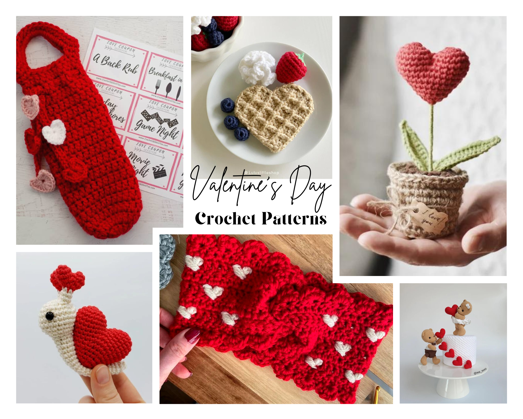 collage of crochet valentine's day patterns
