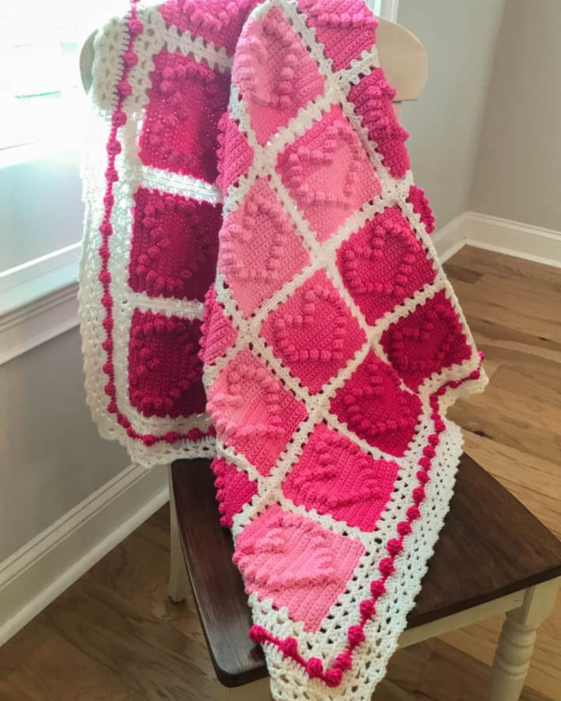 ombre pink crochet bobble heart square baby blanket