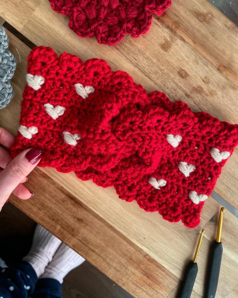 red crochet headband with white hearts