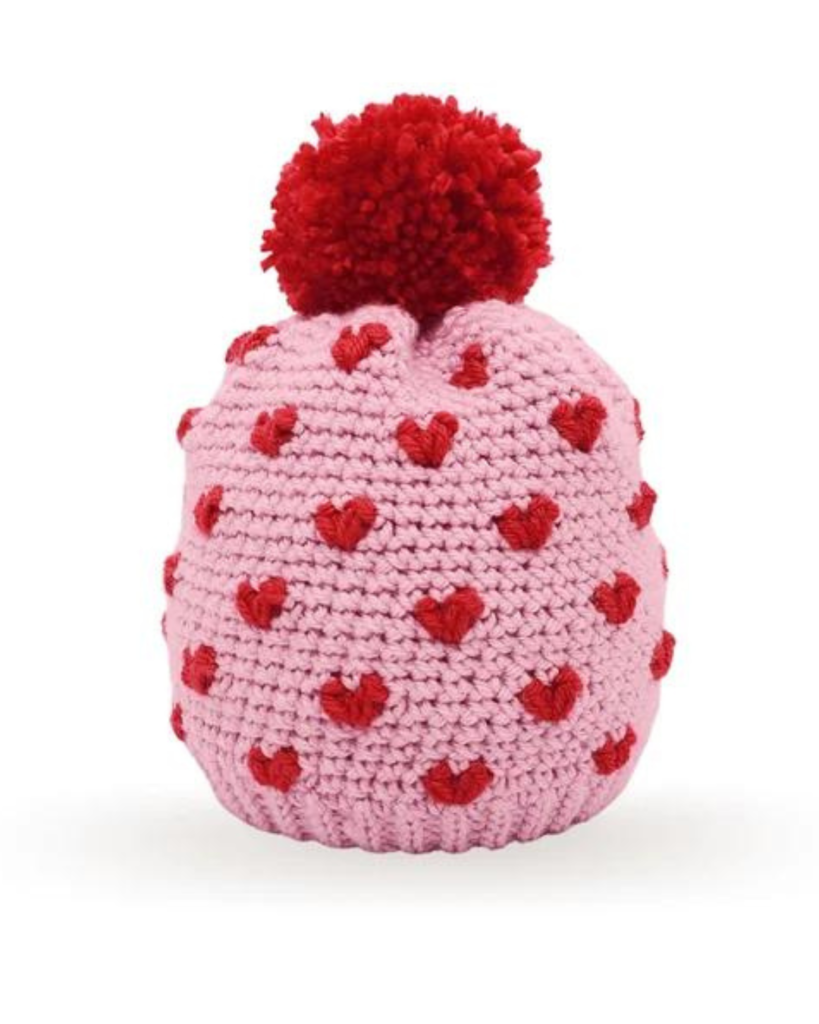 pink crochet beanie with red hearts and pom pom
