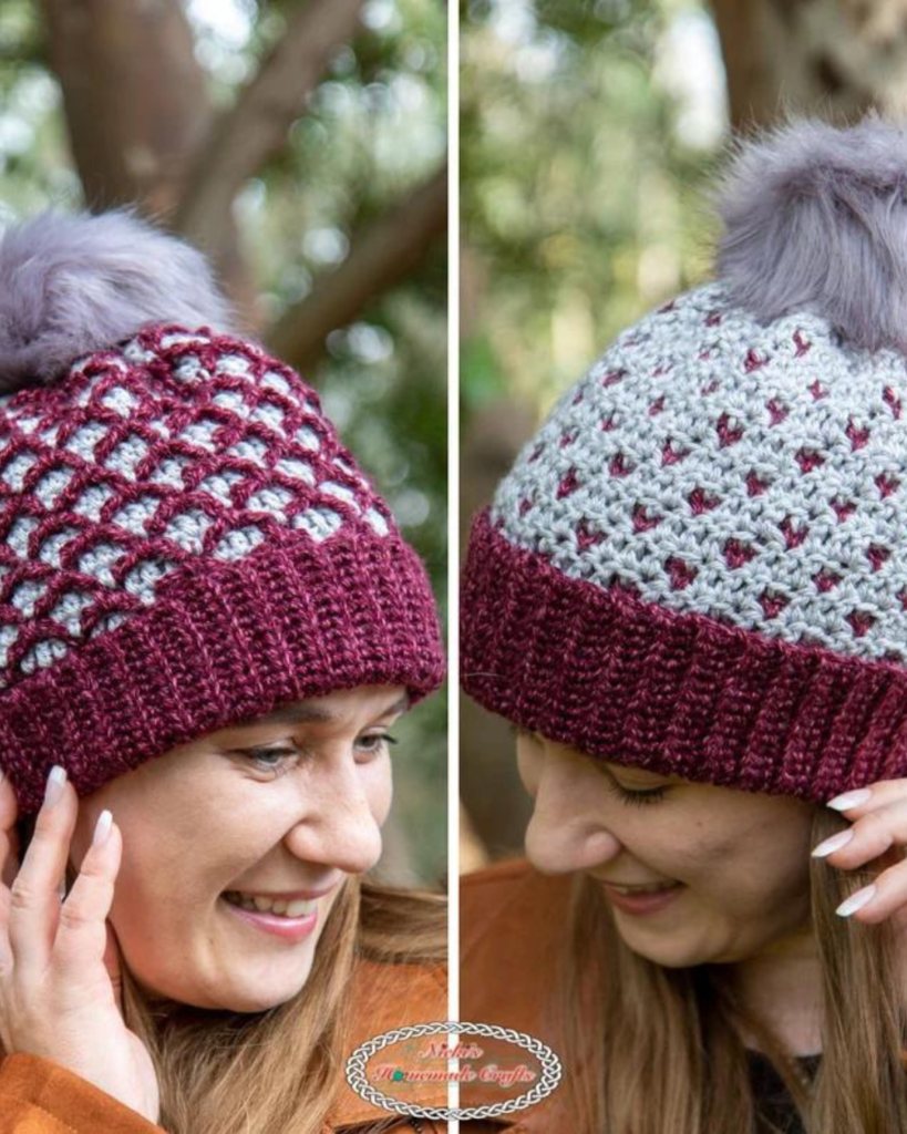 reversible crochet beanie with diamond and heart pattern