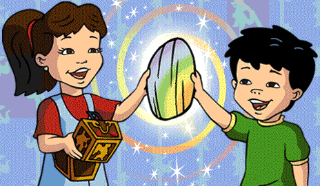 two cartoon children holding colorful stone
