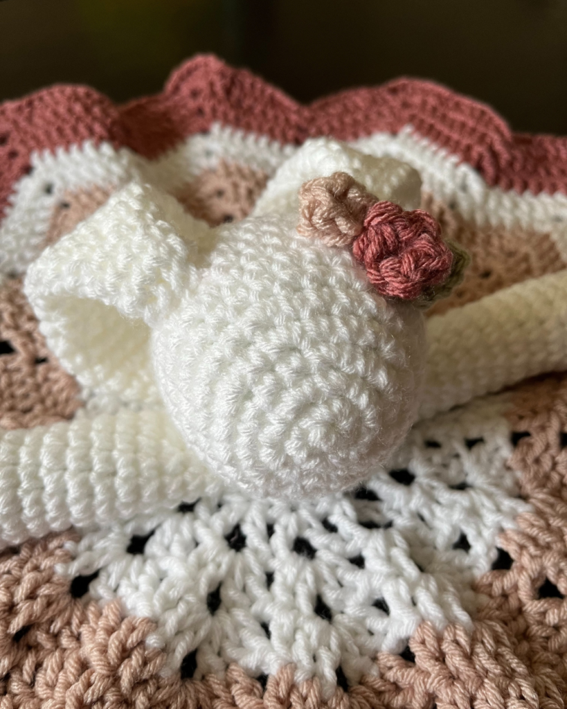 white and pink crochet bunny lovey