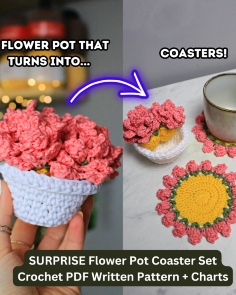 pink and yellow crochet flower pot that turns into coasters