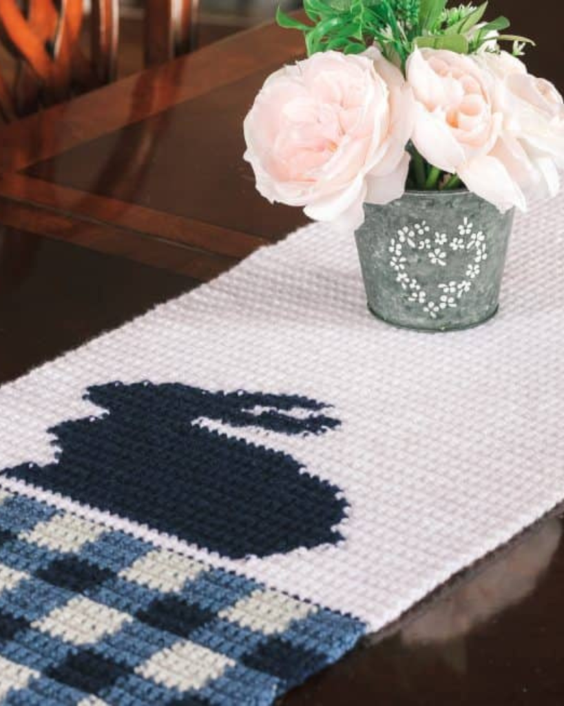 blue and white crochet bunny and gingham table runner