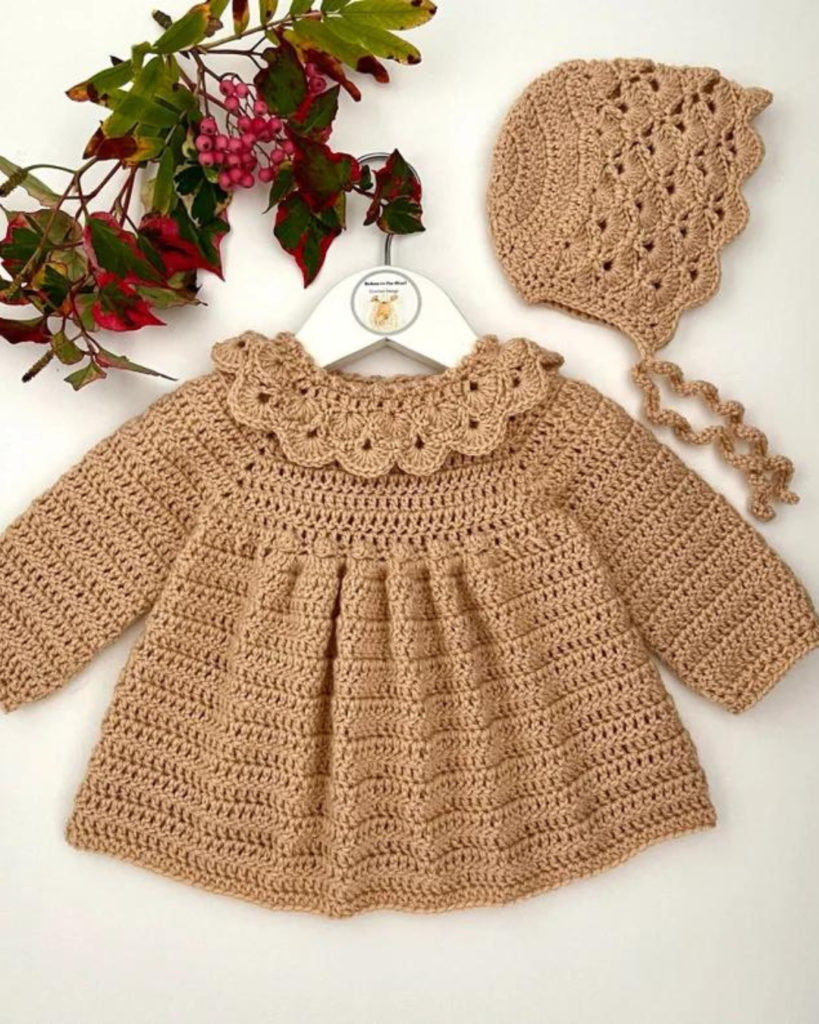 brown crochet baby bonnet and dress