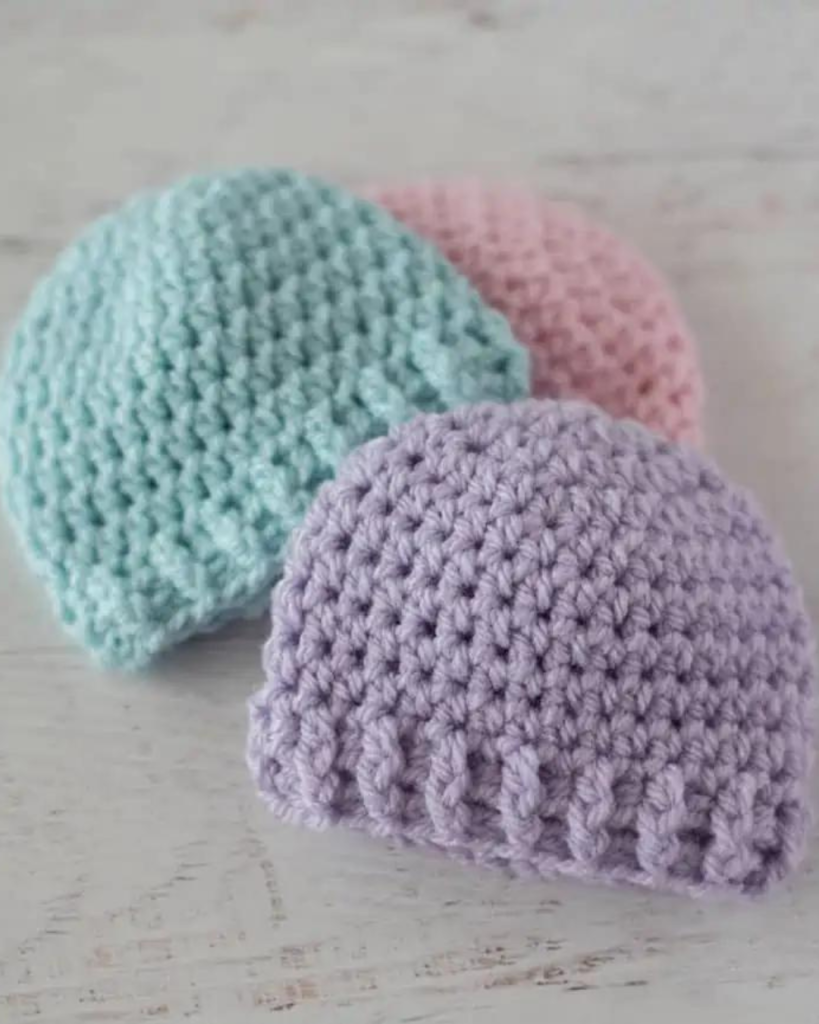 three crochet preemie beanie hats