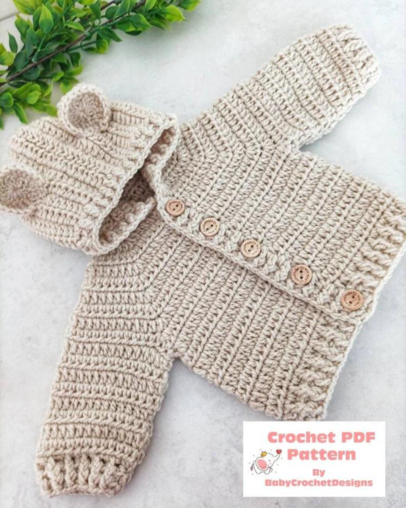 beige crochet bear hoodie button up sweater