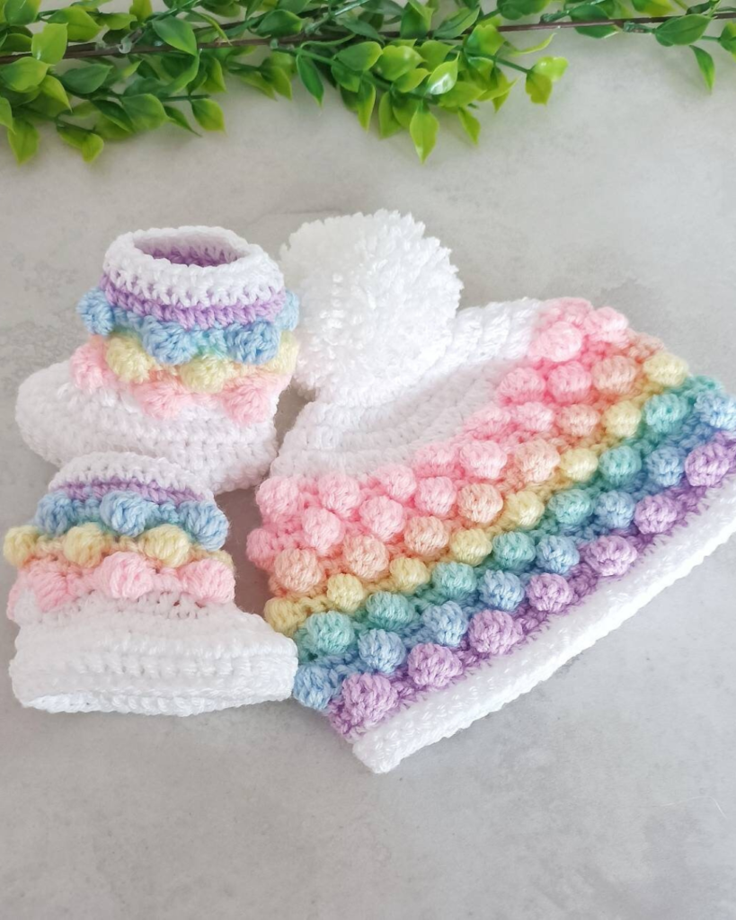 rainbow crochet bobble baby hat and booties