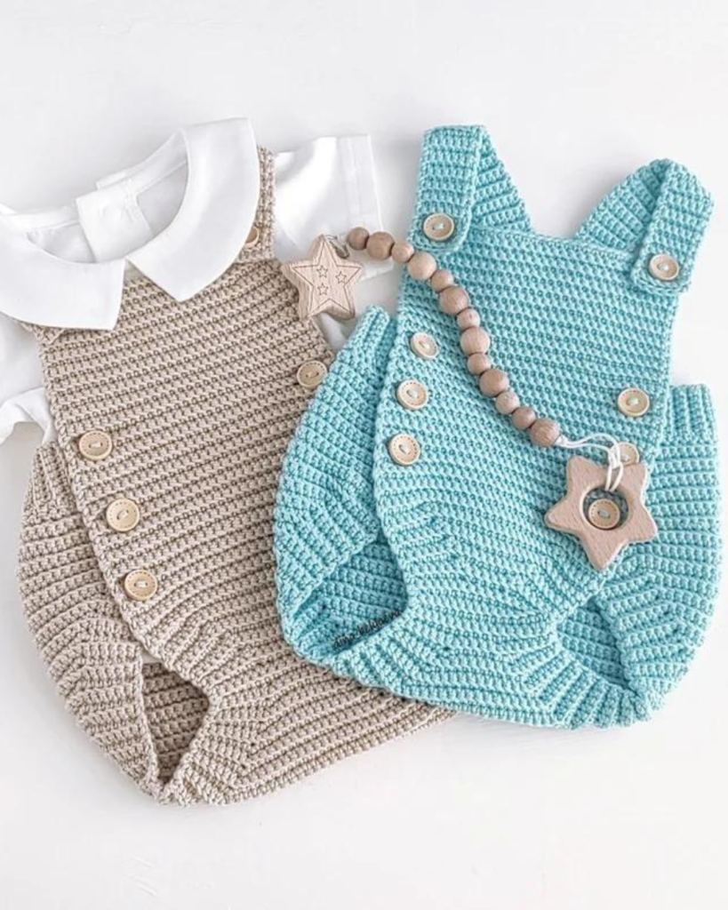 two crochet baby rompers