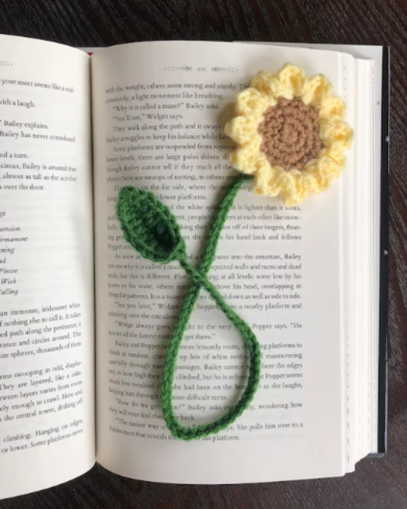 crochet sunflower bookmark with leaf