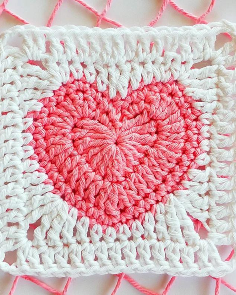 white and pink heart crochet granny square