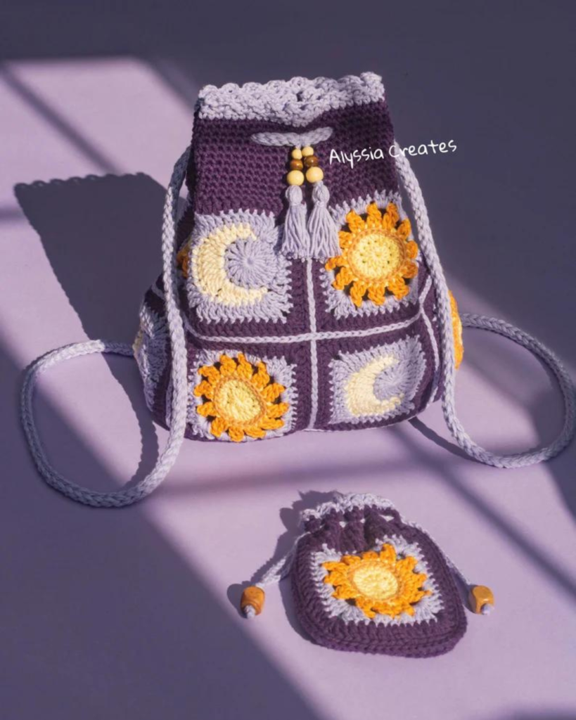purple and yellow sun and moon crochet granny square big and small bag
