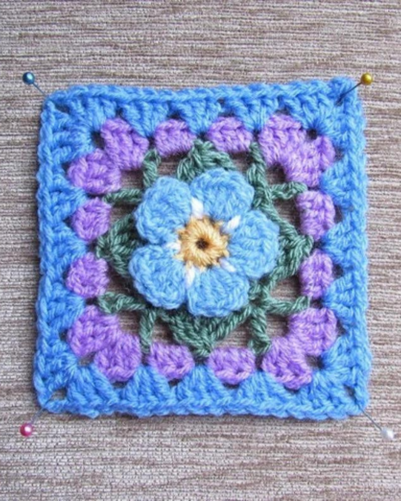 blue and purple crochet flower granny square