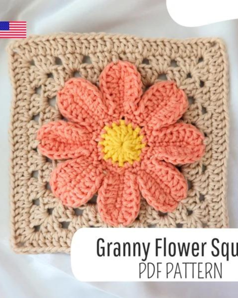 brown, pink, and yellow crochet flower granny square
