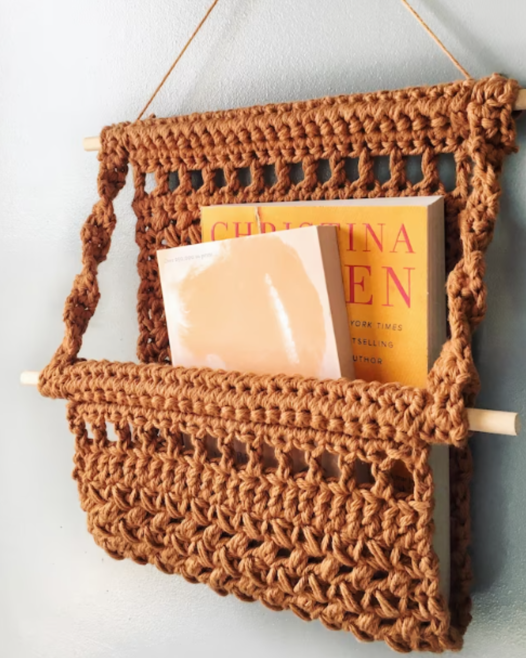 brown crochet hanging book holder