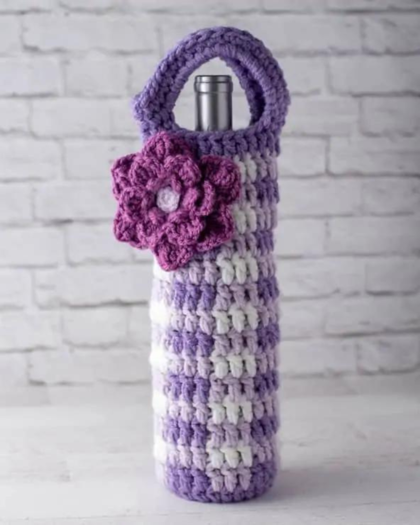 crochet purple gingham wine cozy