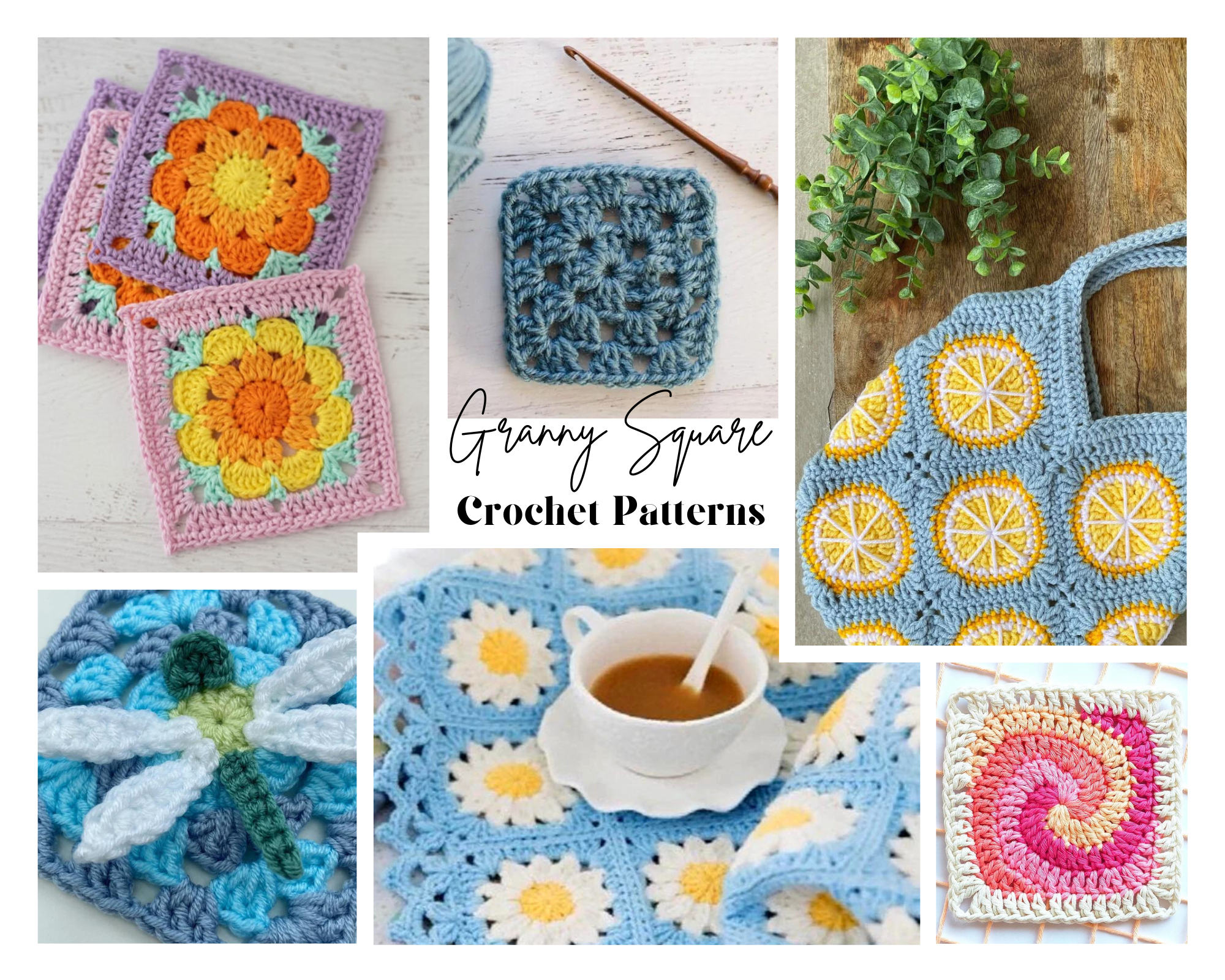 collage of crochet granny squares