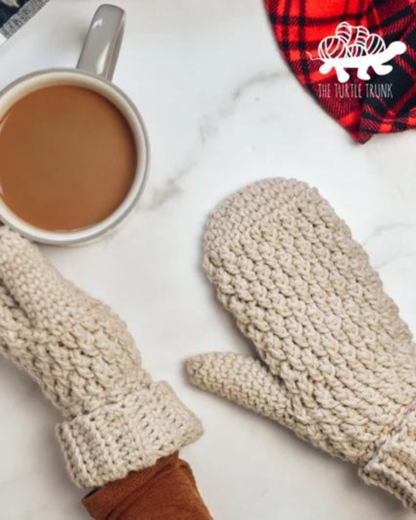 tan crochet alpine stitch mittens