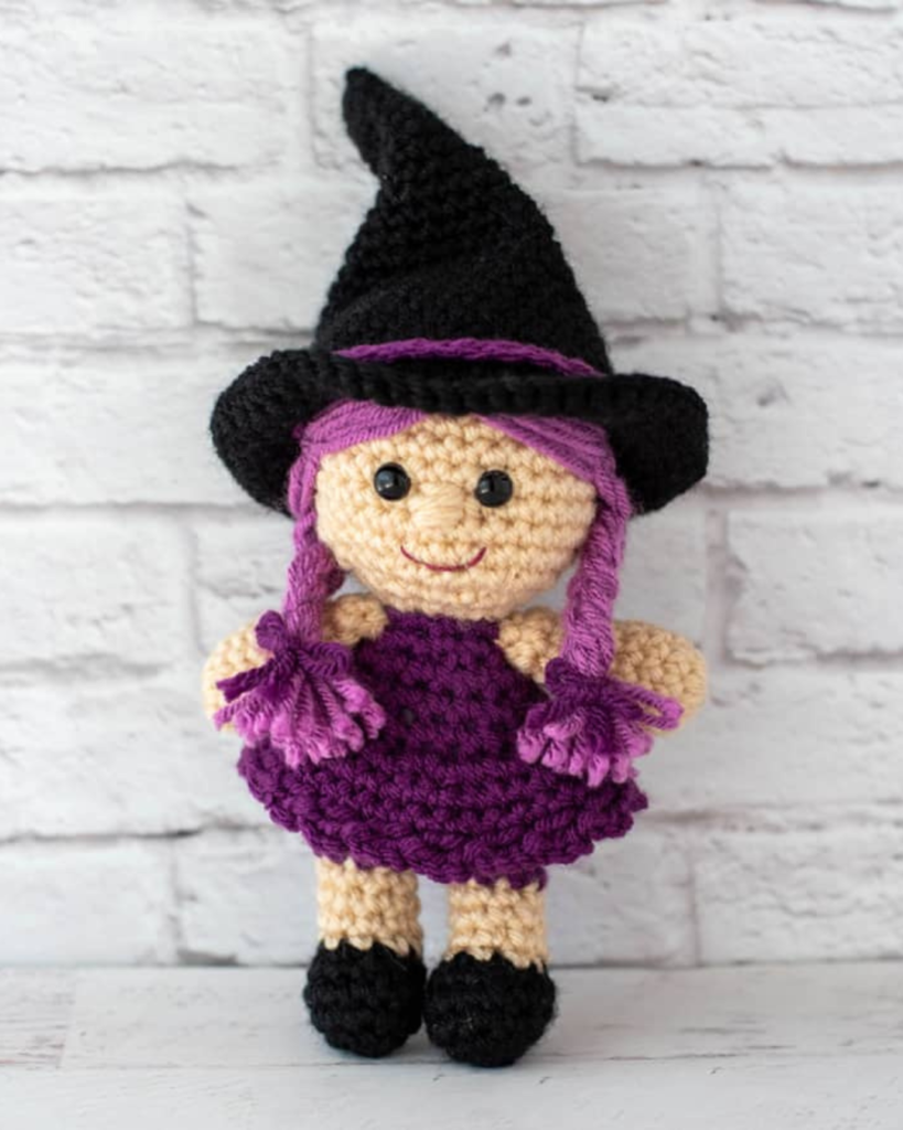 purple crochet amigurumi witch doll