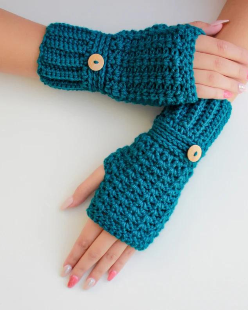 blue crochet fingerless gloves with buttons