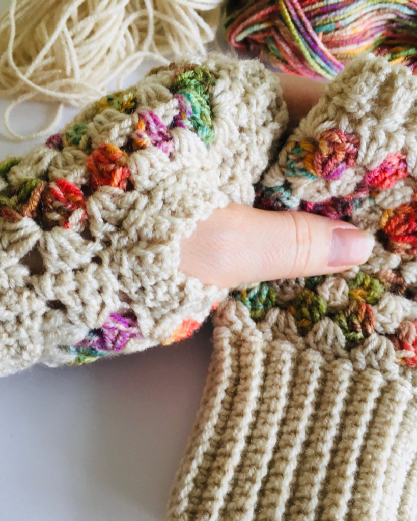 multi-color crochet granny square fingerless gloves