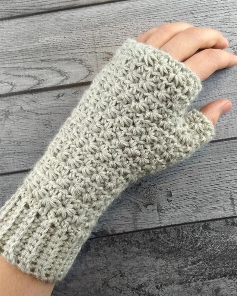 silver grey crochet star stitch fingerless gloves