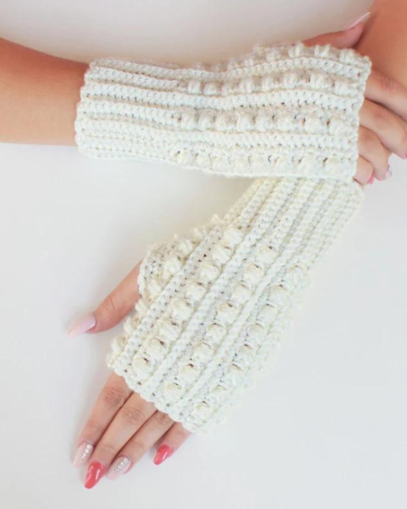 crochet white bobble stitch fingerless gloves
