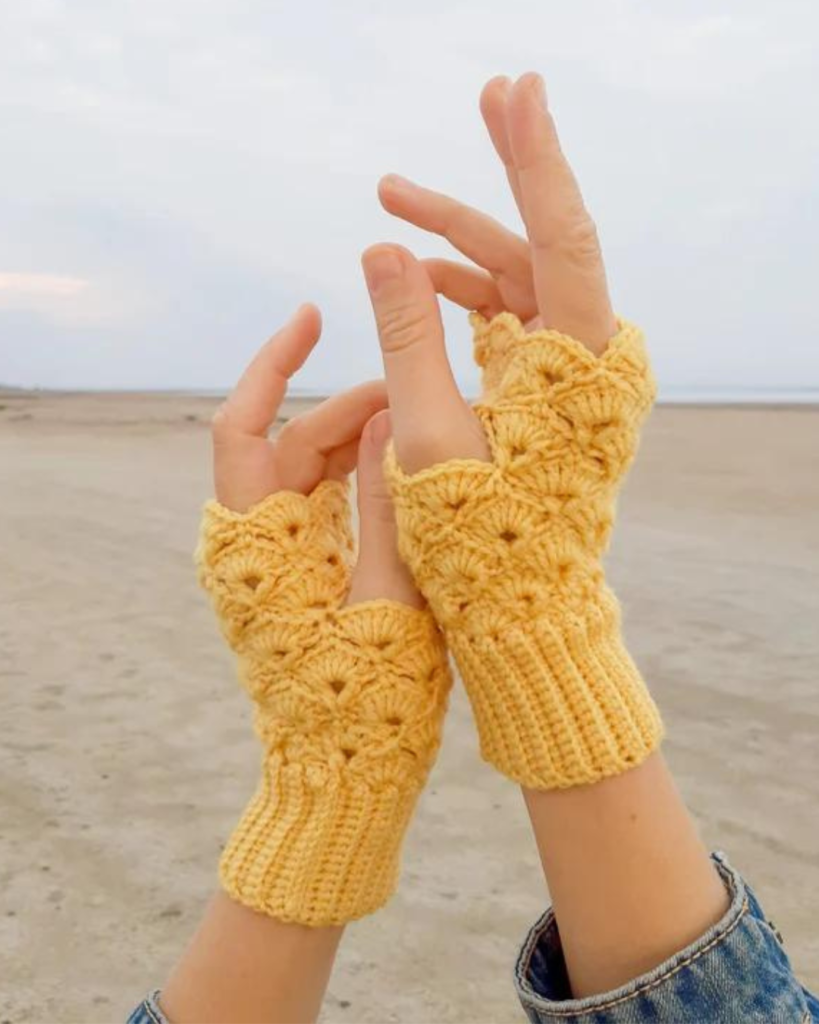 crochet yellow shell stitch fingerless gloves