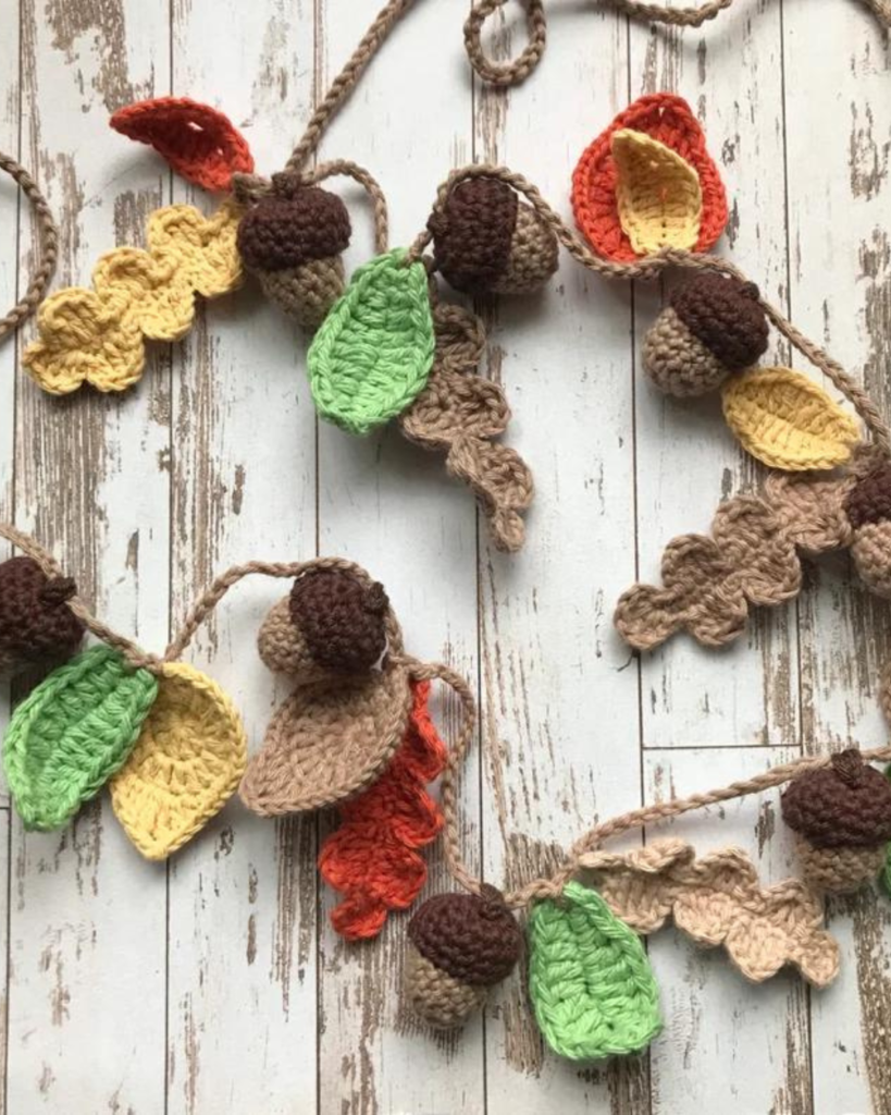 crochet acorn and leaf garland